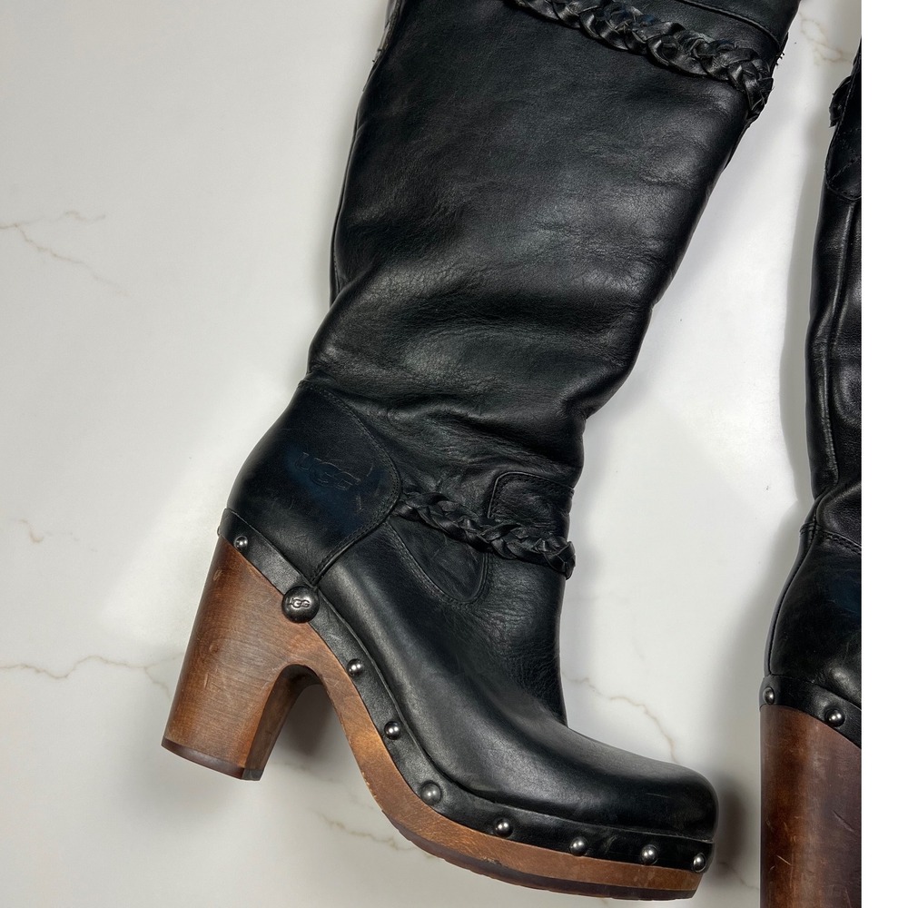 UGG Australia knee high Boots Womens Black Leather Shearling Studded Wood Heel 8